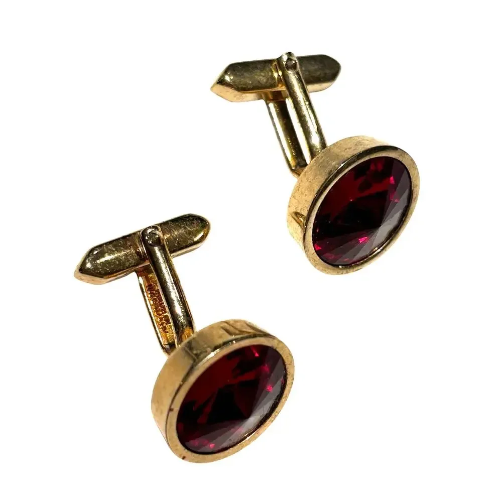 Vintage Mid Century Gold Cufflinks Red Tivoli Style Stones Signed West Germany